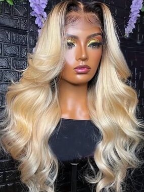 Blonde Long Wavy Lace Front Wig - Natural Part